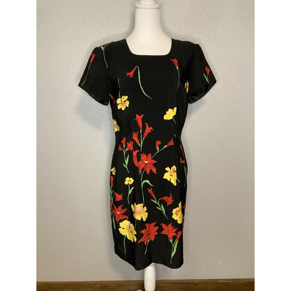 Y2K Vintage Black Floral Dress Women’s 5/6 Sheath Zip Career Office 90s Retro